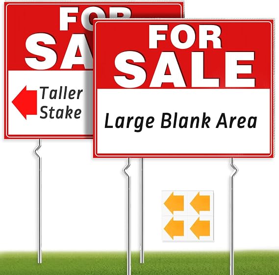 Cyrico For Sale Sign, 17x13 Inch Double-Sided Corrugated Plastic For Sale Yard Signs with Metal Stakes Arrow Stickers Waterproof for Real Estate House By Owner Garage Business Car, 2 Packs