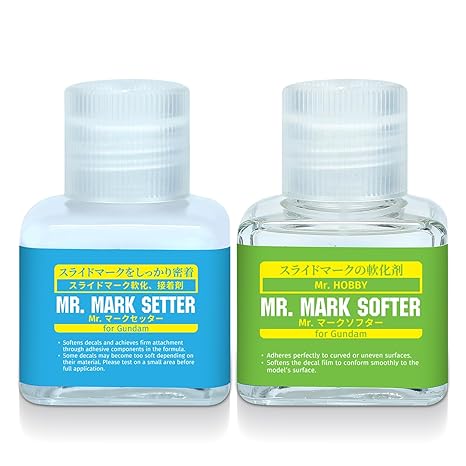 Mr. Mark Setter & Softer Bundle for Gundam Models, Decal Adhesive & Softening Solution Set, Strong Adhesion & Curve Conform Fit, 2 Bottles - 40ml + 40ml