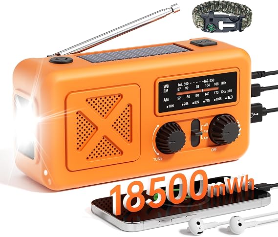 Emergency Radio Hand Crank Solar, 5000mAhmWh Emergency Weather Radio | Hand Crank Solar Radios with NOAA/AM/FM, Thermal Blanket, Survival Bracelet, for Home & Outdoor
