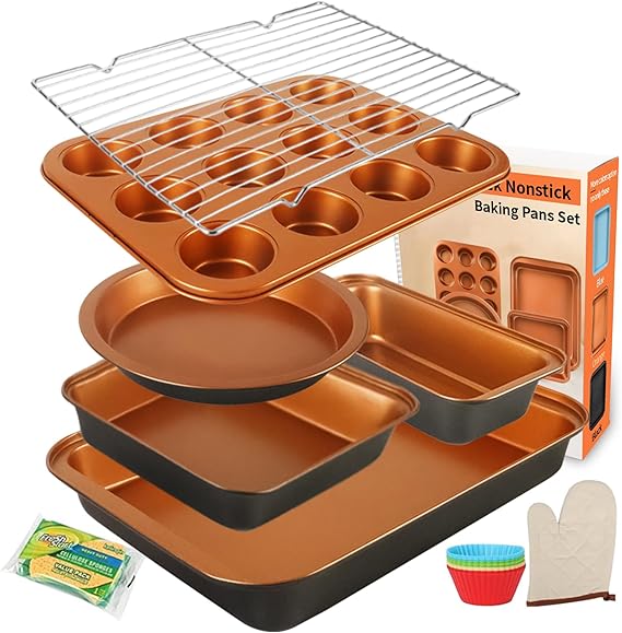 Baking Pans Set 6-Pieces, Non Stick Bakeware Sets for Baker, Golden | Stackable Baking Set Baking Pan Set with Rectangular Baking Pan, Muffin Pan, Round/Square Cake Pan, Loaf Pan for Home Baker