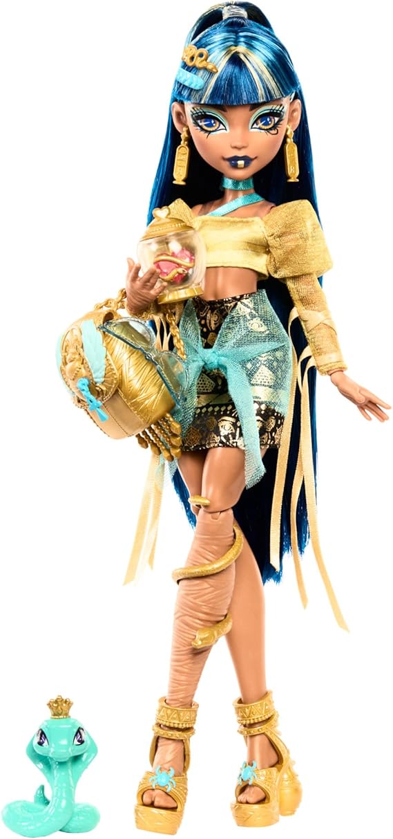 Monster High Cleo De Nile Doll in Golden Blouse and Layered Skirt, Includes Pet Cobra Hissette and Accessories Like a Backpack, Snack and Scroll