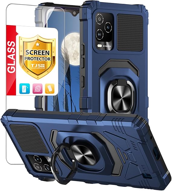 TJS Compatible for BLU View 5 Pro B170D Case, with Tempered Glass Screen Protector, Metal Ring Magnetic Support Kickstand Heavy Duty Drop Protection Cover Phone Case (Blue)