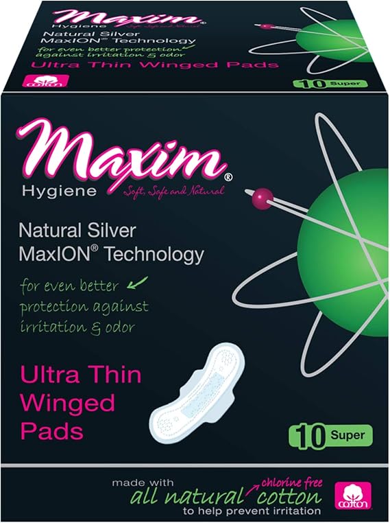MaxION Cotton Feminine Pads (Super): 100% Cotton, Ultra Thin, Winged Menstrual Pads - Natural Ion Odor Protection - Chlorine Free, Chemical Free, Eco Friendly