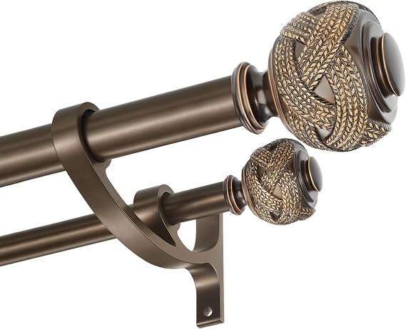 Double Curtain Rods for Window 36-72 Inch, Antique Bronze Double Curtain Drapery Rod with Classic Finials, Heavy Duty 1-Inch Front and 5/8 Inch Back Decorative Curtain Rod Double Window Rods