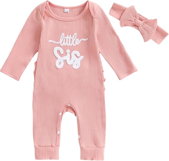 Infant Girl Outfit Letters Embroidery Striped Waffle Knit Romper Headband