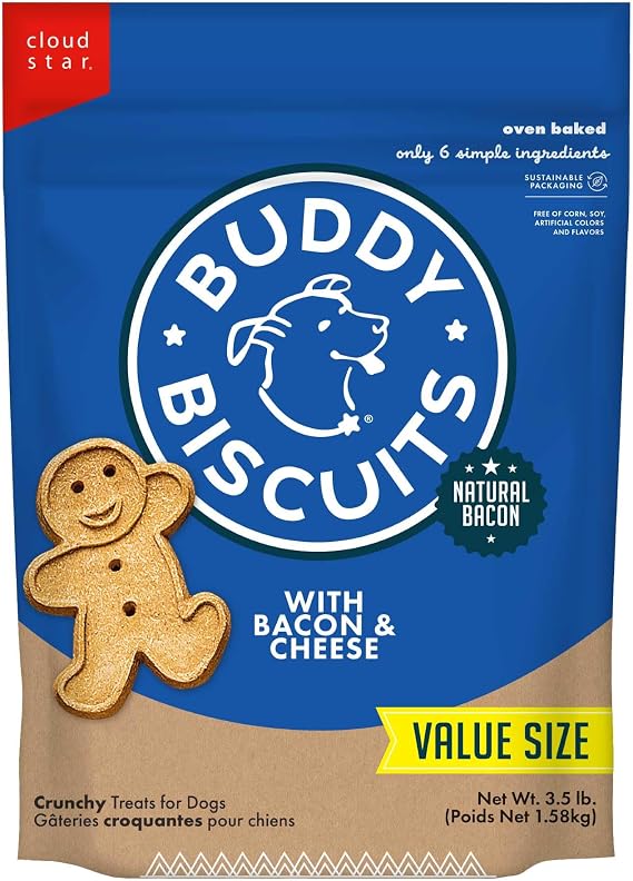 Buddy Biscuits Crunchy Dog Treats, Bacon & Cheese 3.5 lbs. Bag | Gingerkid Shape, Made with Simple Ingredients, Free of Corn, Soy, Oven Baked in the USA