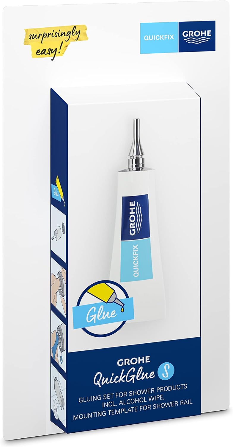 GROHE QuickGlue Set S, Bathroom Products Adhesive, 1 Adhesive Tube and Cleaning Wipes, Applicable on Tiles, Marble, Stone, Glass, Concrete, Wood, Plastic and Metal, 41247000