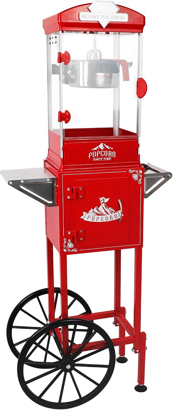 Popcorn Machine Cart 14OZ - Pop Corn Machine Maker with Stainless Steel Kettle, with Stand & Wheels, Large Popcorn Machines for Home, Parties, Movie Theater, Events, Business