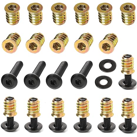 30-Set 1/4-20 Threaded Insert and Bolt for Wood, Furniture Screw Nut 3/5" with Black Oxide Flat Head Bolts 1" and Washers
