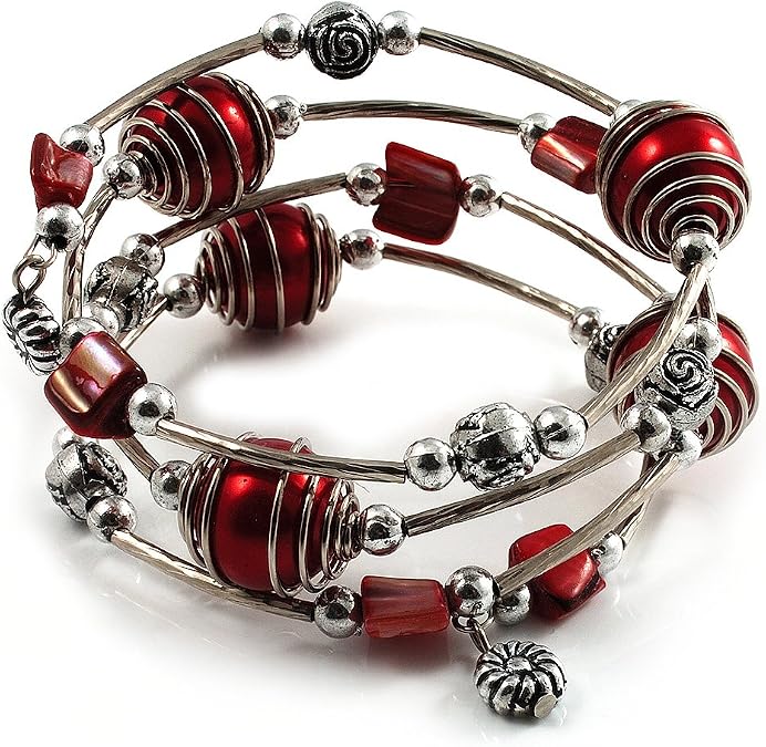 Avalaya Silver-Tone Beaded Multistrand Flex Bracelet (Red)