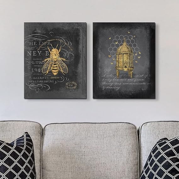 CANVAS ON DEMAND 2-Piece Honey Bee Canvas Wall Art Print Set, Cheerful Home Decor Ideas for the Kitchen, Laundry Room or Dining Room