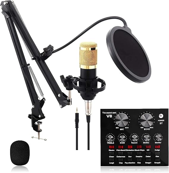 Condenser Microphone Bundle,Mic Kit Live Sound Card with Adjustable Mic Arm Stand Desk for Studio Recording Broadcasting,