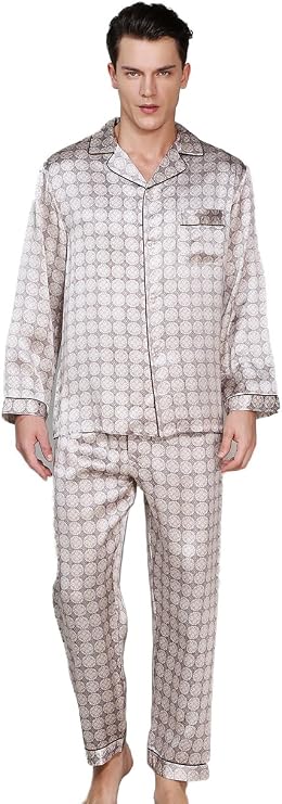 CLC Men's Pure Mulberry Silk Pajama Set Patterns Printed Sleep Sets