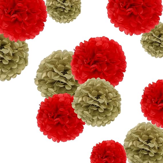 Red and Gold Birthday Party Decorations Hanging Tissue Paper Pom Poms 12pcs | Christmas New Year Eve Chinese New Year Day Home Wall Ceiling Indoor Outdoor