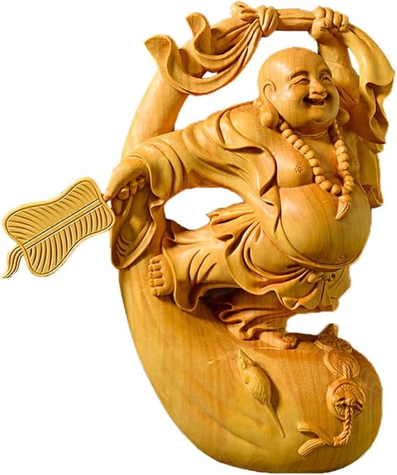 Laughing Buddha Statue,Solid Wood Lucky Buddha Figurine Home Office Decor,Feng Shui Decorative Dancing Buddha Sculpture Zen Decor