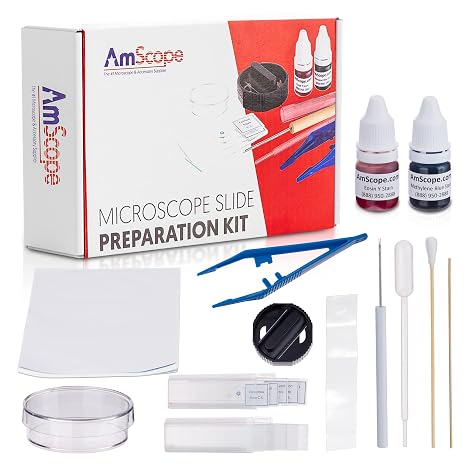 AmScope - IQCrew 40-Piece Deluxe Microscope Slide Preparation Kit - Essential Student Tool Kit w/Stains + Shrimp Hatchery Experiment - SP-18