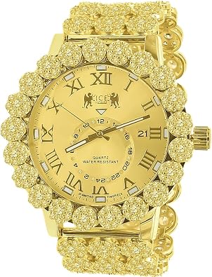 Roman Numerals Dial Face Men's 14K Gold Finish VVS1/D 24.55 Ctw. Simulated Diamond 5 ATM Water Resistant Customized Flower Bezel Band Luxury Watch Analog Big 52mm Date Function