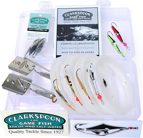 Clarkspoon | Ready to Fish Trolling Kit - Fishing Equipment for Coastal Waters- Great for Spanish Mackerel, Bluefish, Bonito, Tuna, More - Fishing Kit with Lures, Trolling Sinkers & Planers