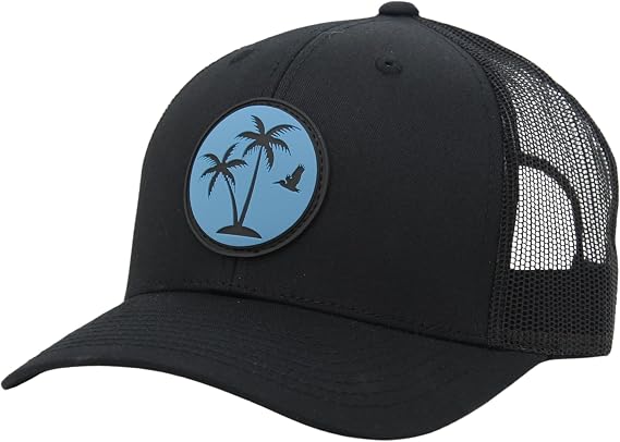 LINDO Trucker Hat [ Palm Tree 2.0 Design ] for Men and Women: Mid Profile Cap with Breathable Mesh Back and Adjustable Snap