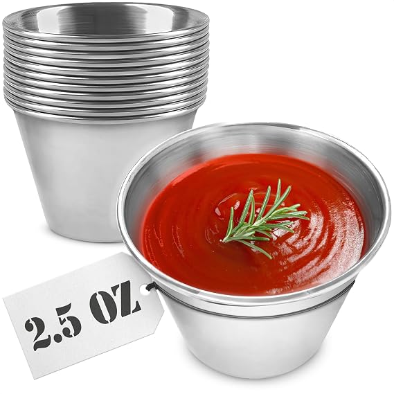 12 Pcs Dipping Sauce Cups, 2.5 Oz Stainless Steel Ramekins | Metal Condiment Cups; Stackable; 2.3 In Diameter; for Sushi, Wings, Charcuterie & Dips; Reusable for Portion Control
