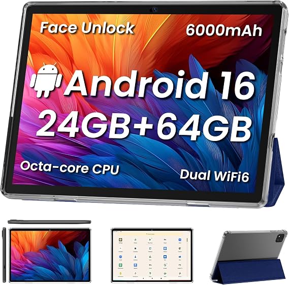 COLORROOM Android16 Tablet,10inch Tablet with Case, Octa Core CPU,Blue