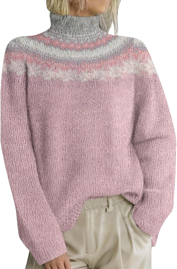 Turtleneck Fair Isle Sweater for Women Knitted Mock Neck Sweater Patterned Fall Winter Pullover Sweaters Top Jumper