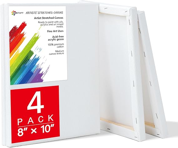 Simetufy 4 Pack Stretched Canvas for Painting 8x10 Inch, 100% Cotton Blank Art Canvases for Acrylic or Oil Paint, Pre-Primed, 5/8 Inch Profile