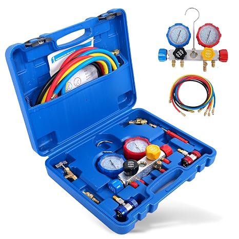 4 Way HVAC Manifold Gauge Set, Ac Manifold Gauge Set for R410A/R134a Gauge Set, A/C R22 R404A Diagnostic Refrigerant Gauges with Hoses Tool Kit