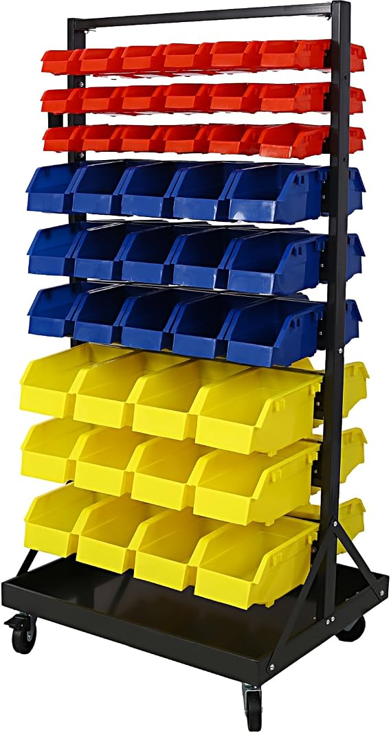 Part Bin Rack Storage Organizer 90-Bin Double-Sided Shelving Unit for Garage Workshop Tool Organizer Craft Room Storage System 28.5" L x 20.5" W x 53" H with Lockable Wheels & Heavy-Duty Steel Frame