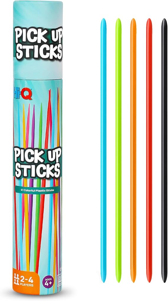 Point Games Hi-Q Pick Up Sticks Game: 41 Brightly Colored Plastic 7" Pick up Sticks in Storage Can, for All Ages!