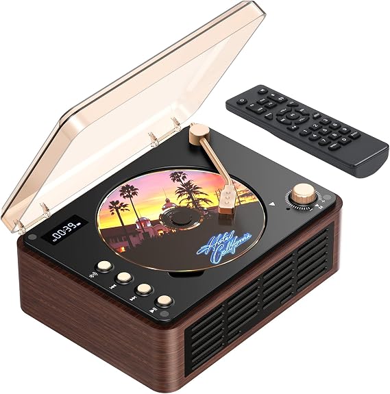 CD Player with Speaker, Retro Portable CD Players for Home with Bluetooth, Hi-Fi Bass Boost, 3600mAh Battery, LCD Screen, Top-Loading Design, USB/AUX Input/FM Radio - Walnut Brown