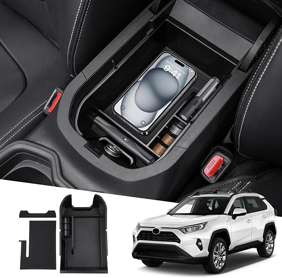 Powerty owerty Center Console Organizer for 2019-2023 2024 2025 Toyota RAV4 Accessories Armrest Storage Box Secondary Insert Tray Black Anti-Slip Mat