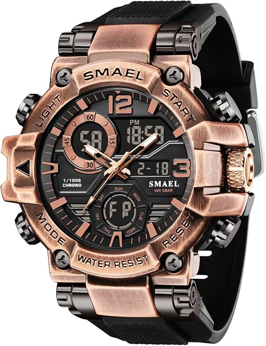 SMAEL 8110 Colorful Alloy Watch for Men TPU Strap Dual Display Analog-Digital Sports Watch 5ATM Waterproof Chronograph Alarm Stopwatch Clock