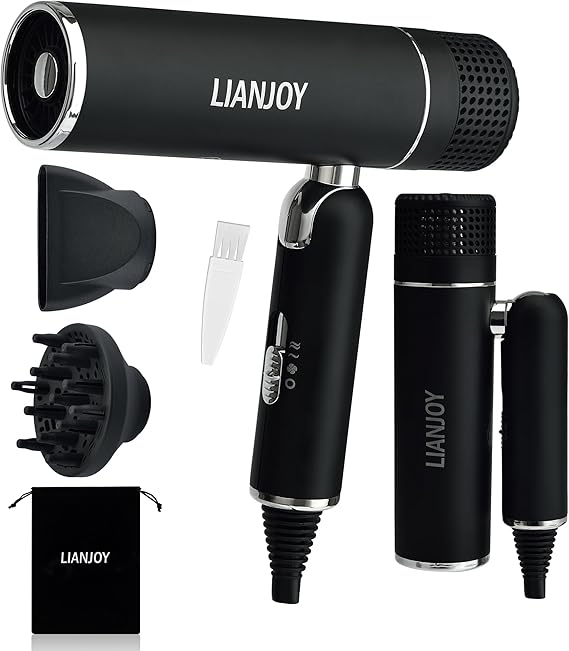 Foldable Fast Drying Hair Dryer with Diffuser, 1600W Professional Ionic Blow Dryer with Storage Bag, Diffuser and Nozzle, Lightweight and Mini Portable Hairdryer for Women and Men, Black