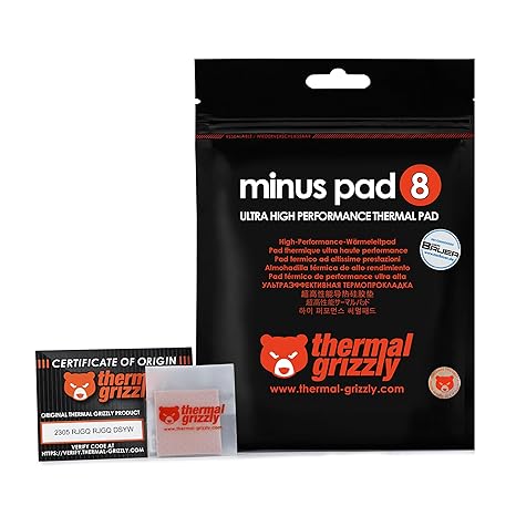 Thermal Grizzly Minus Pad 8-30x30x2.0mm Thermal Interface Pad, Electrically Non-Conductive, High Thermal Conductivity & Compressibility for SSDs, GPUs & Electronics