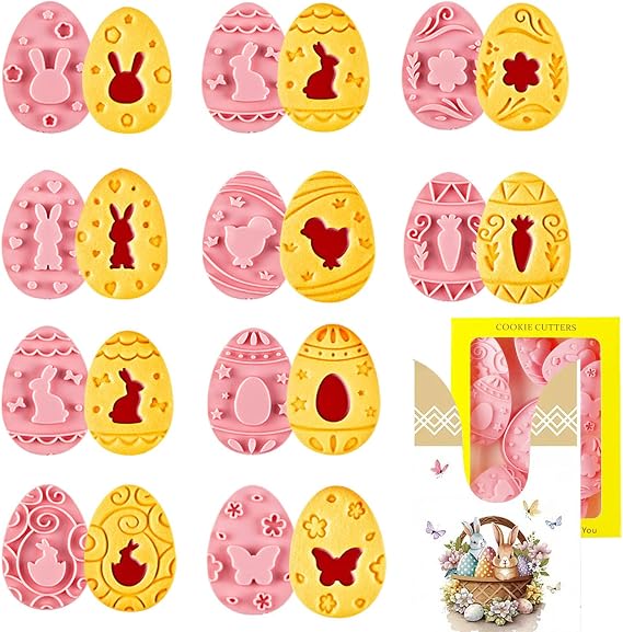 9pcs Easter Eggs Cookie Cutters Stamps Biscuit Baking Tools Embossing Cookie Molds (With 30 Easter bags)