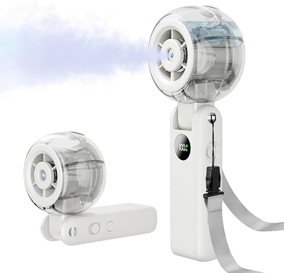 Portable Fan Handheld, Powerful Cooling Misting Fan Rechargeable | LED Display, 100 Speed Stepless Control, 155 Foldable, Personal Mist Fan for Outdoor, Travel, Makeup, Gifts for Men Women