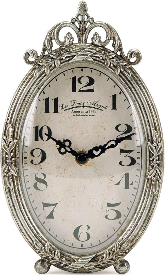 NIKKY HOME Small Vintage Table Clock, Silent Elegant Silver Desk Clock | Non-Ticking Battery-Operated Metal Decorative Shelf Clock, Perfect for Living Rooms, Offices, Shelves, Mantels