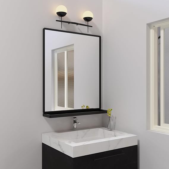 ANYHI Bathroom Mirrors for Wall, Metal Wall Mirror with Shelf, Perfect for Living Room, Bedroom, Entryway, Rectangular, Vertical (Black)