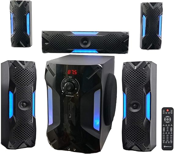 Rockville HTS56 5.1-Channel Bluetooth Home Theater System, 8" Subwoofer | 1000W Peak/250W RMS, USB/SD Inputs, Optical TV Input, Karaoke Mic Inputs, LED Light Effects, 5-Band EQ