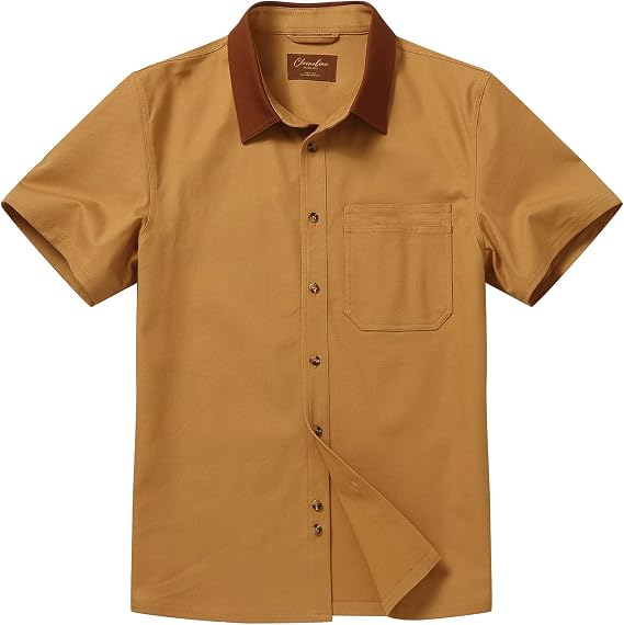 CHRONOLINE Men's Short Sleeve Button Up Shirt with Pocket Cotton Contrast Collar Spring Summer Outdoor Work Shirt for Men