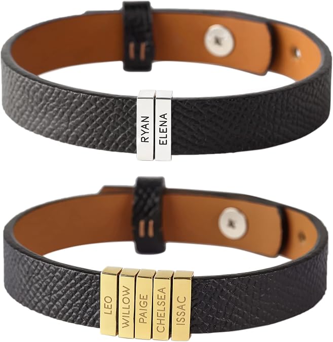 RUGGEDGIFTS Children Names Bracelet For Daddy, UP to 10 Kids Names, Dad Bracelet With Kids Names, Jewelry Gifts for Daddy, Gift From Wife, GENUINE Leather Strap brass