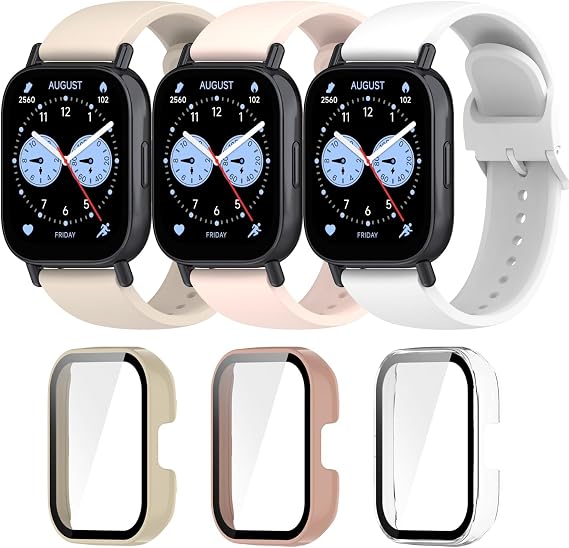 Screen Protector and Strap Compatible with Redmi Watch 5 Lite, Full Coverage Protective Case, Soft Silicone Watch Band (B (Pack of 3+3))