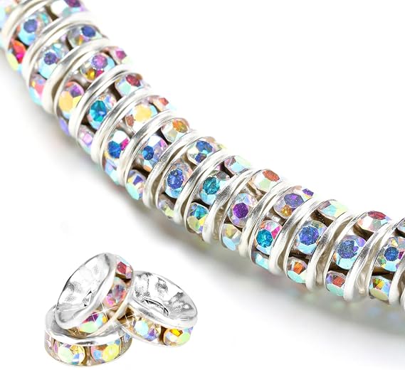 200Pcs 6mm Rondelle Spacer Beads Silver Plated Rhinestone AB Color Crystal Loose Beads for Necklaces Bracelets Jewelry Making