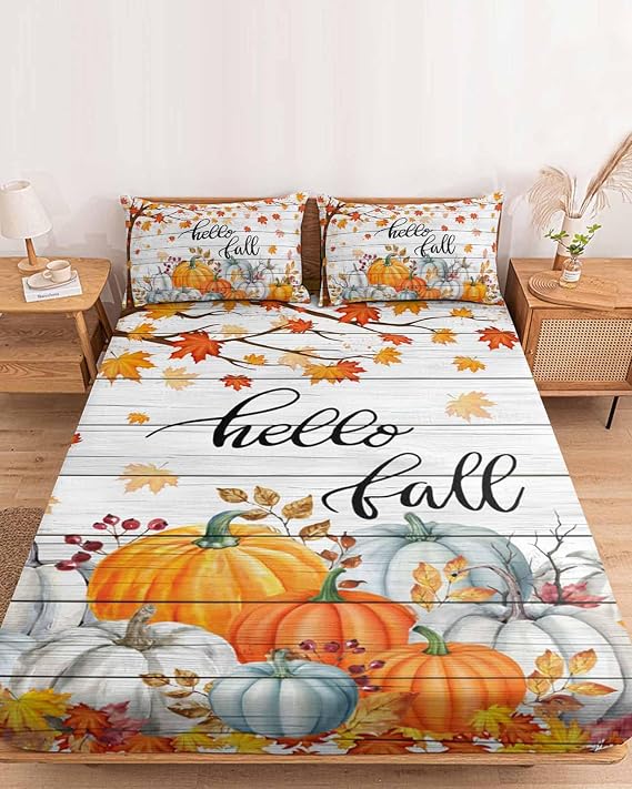 Bedding Full Size Fitted Sheets Fit 5"-16" Deep Pocket Mattress,Thanksgiving Fall Maple Leaf Pumpkin Soft Bottom Sheet Autumn Plant Wood Board Fitted Sheet Bed Set with Pillow Case