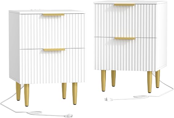 Akxomel Fluted Nightstand Set 2 Bedside Table with Charging Station White | 2 Drawers Modern End Table with USB Ports and Outlets, 13.8" D x 15" W x 23.2" H, Golden Side Table for Bedroom