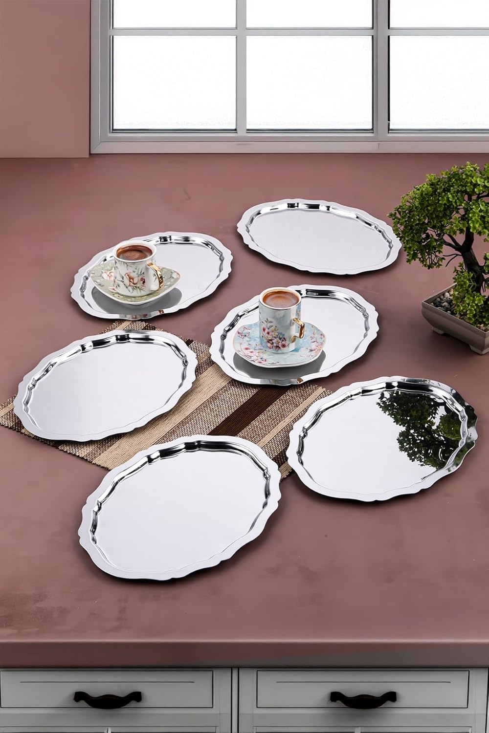 Artnova Processing Patterned Coffee And Presentation Tray 6 Pieces Silver