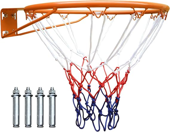 18" Basketball Rim Replacement, Wall Door Mounted Basketball Rim, Heavy Duty Basketball Flex Rim Goal Replacement with Net Fits In-Ground & Wall-Mounted Basketball Hoops, Indoor/Outdoor