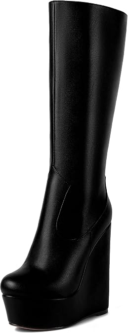 AMBELIGHT Womens Matte Knee High Zip Round Toe Solid Platform Fashion Wedge High Heel Mid Calf Boots 6 Inch