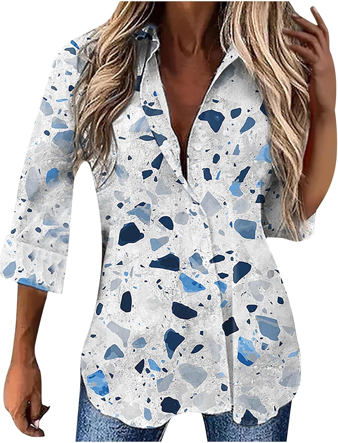 Wirziis 34 Sleeve Button Down V Neck Henley Shirts Womens Summer Fresh Floral Tops Casual Dressy Loose Fit Cute Tunic Blouse